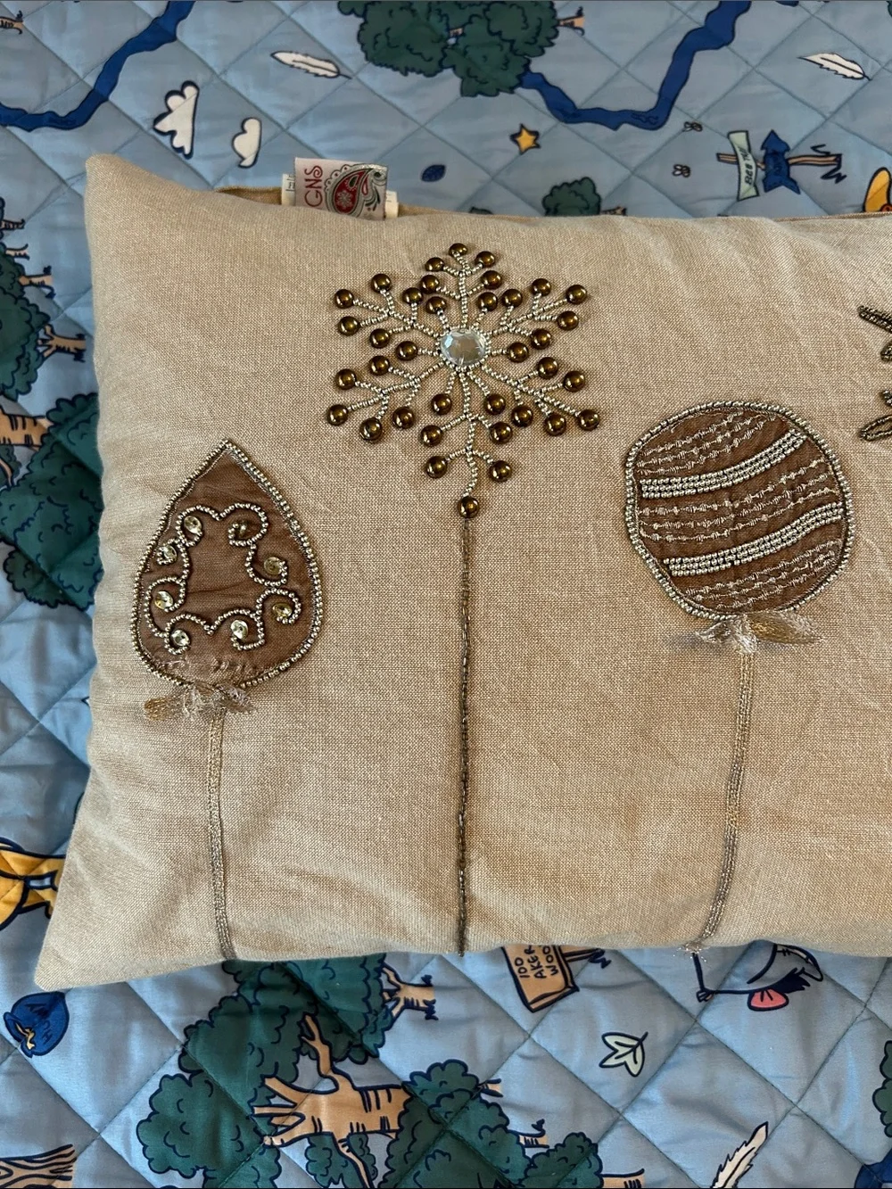 Beige Embellished Holiday Pillow with Metallic Accents